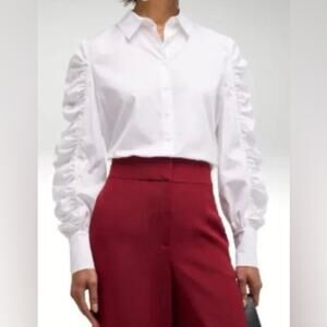 Harshman Julianna White Ruched Puff Sleeve Shirt Cotton Poplin NWT Sz L